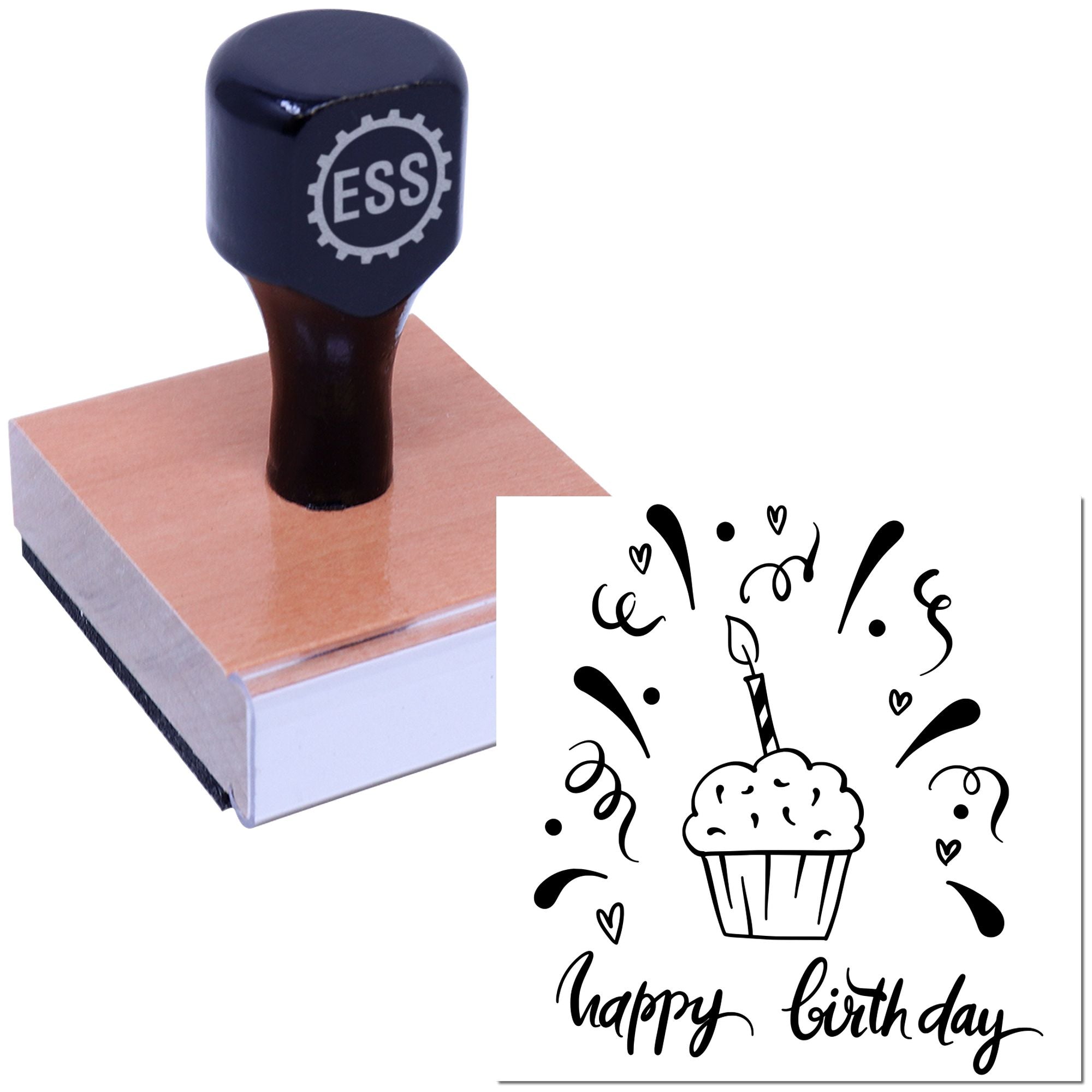 Black ESS rubber stamp and seal set on wooden block, with birthday cupcake design, hearts, and black ink on white background.