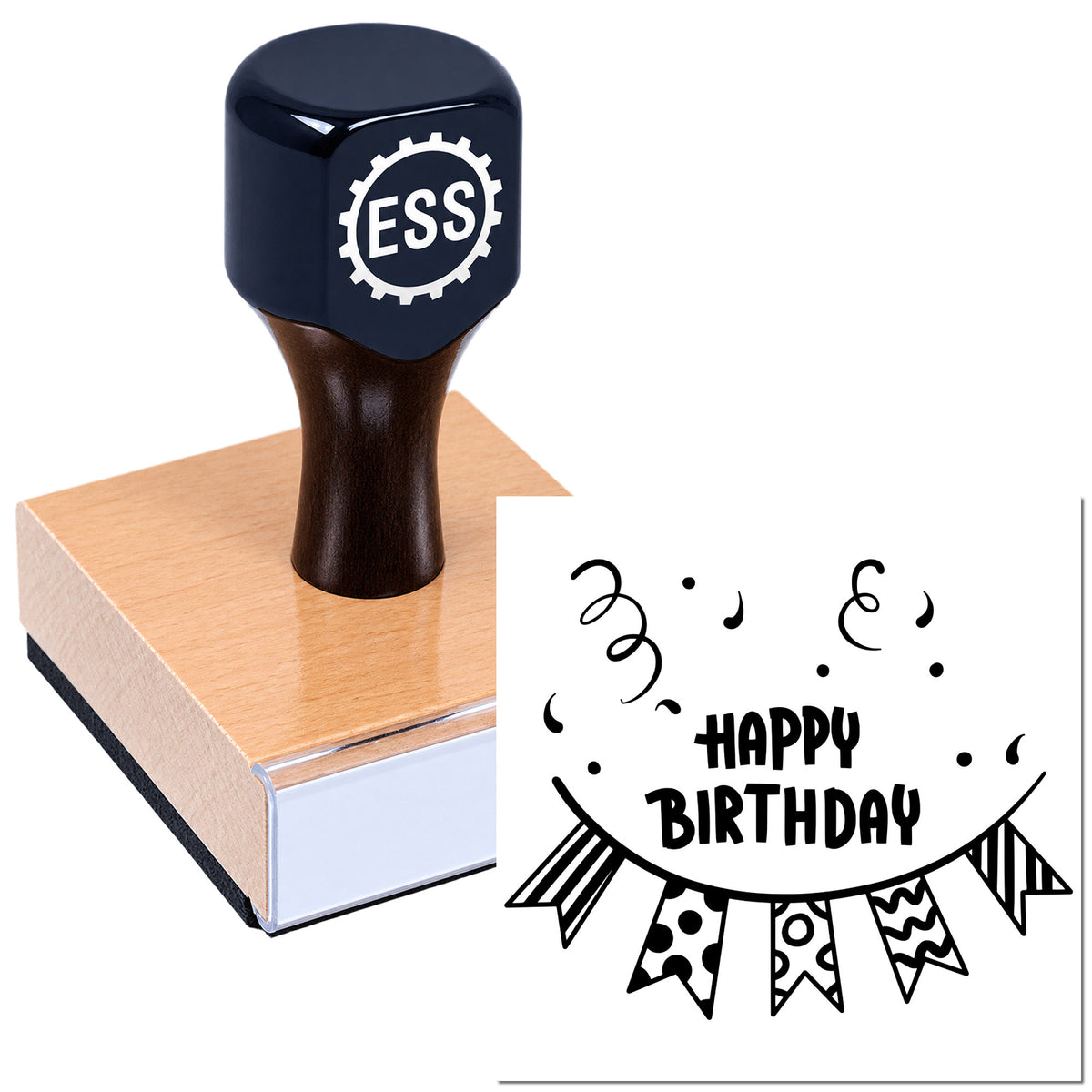Black ESS stamp seal on wooden block, creating a white Happy Birthday impression with festive bunting accents.