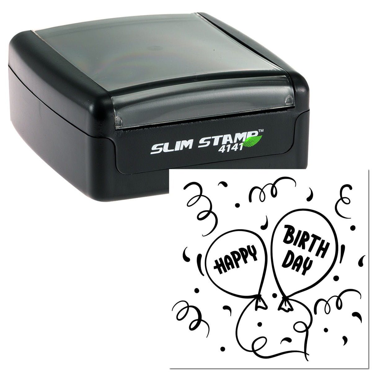Black slim self-inking stamp with gray lid and birthday seal design featuring balloons and Happy Birthday text.
