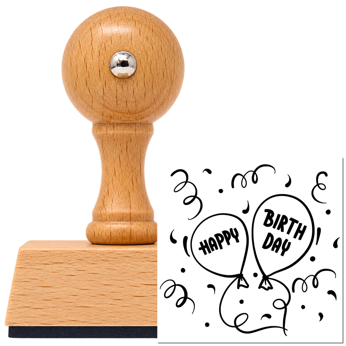 Vintage Pro beech wood stamp with a round knob handle, shown with its black Happy Birthday Balloon Pair Confetti imprint on white.