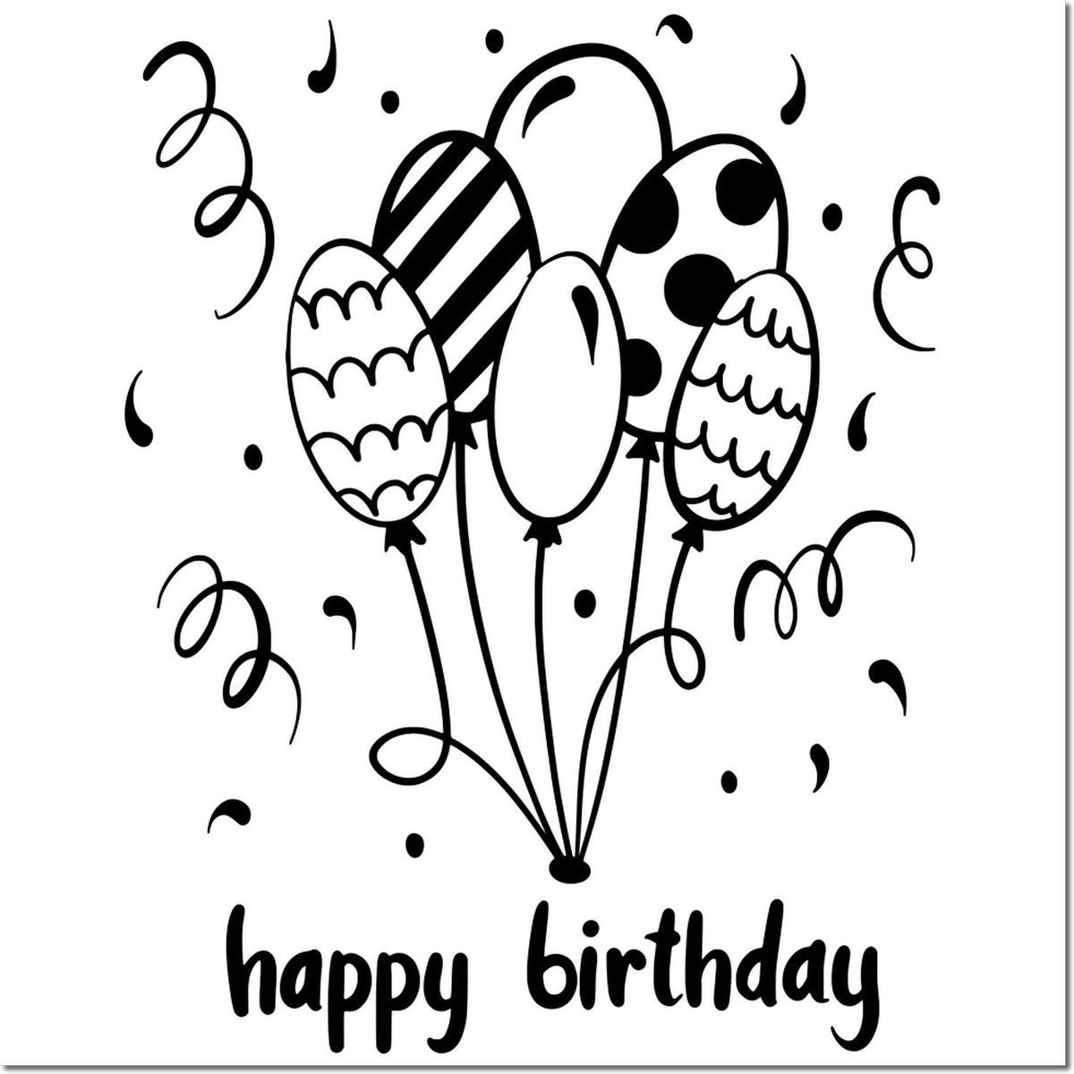 Black and white birthday stamp with four patterned balloons, confetti curls, and happy birthday text for seals.