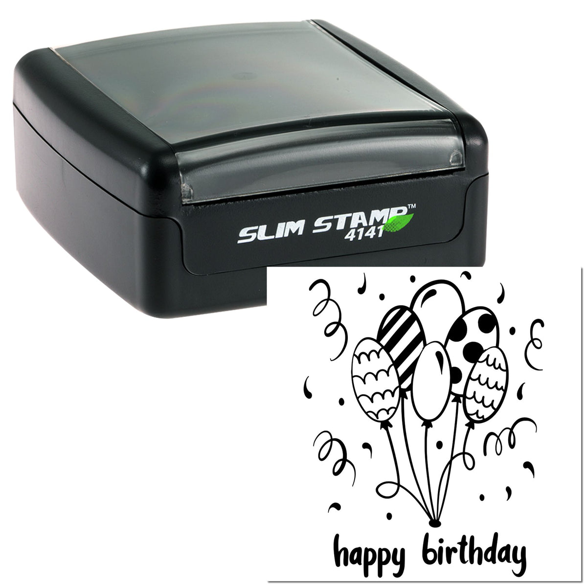 Black Slim Stamp 4141 self-inking stamp with birthday balloon seal design on white background.