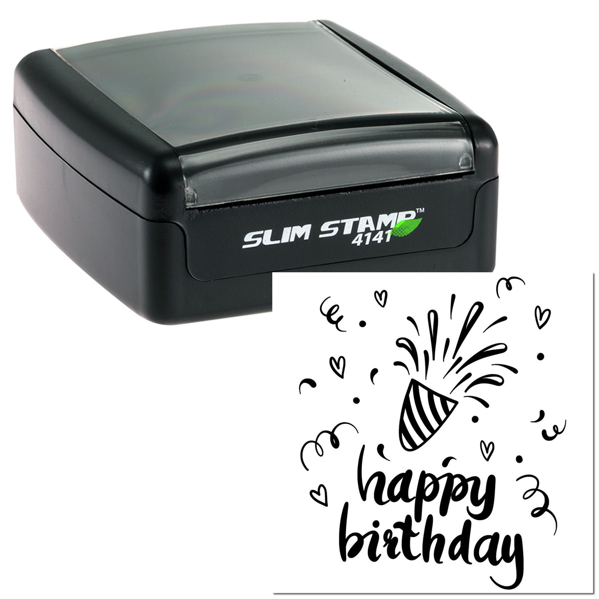 Black slim self-inking stamp and seal with gray lid, showing a happy birthday design with confetti, hearts, and bold black text.
