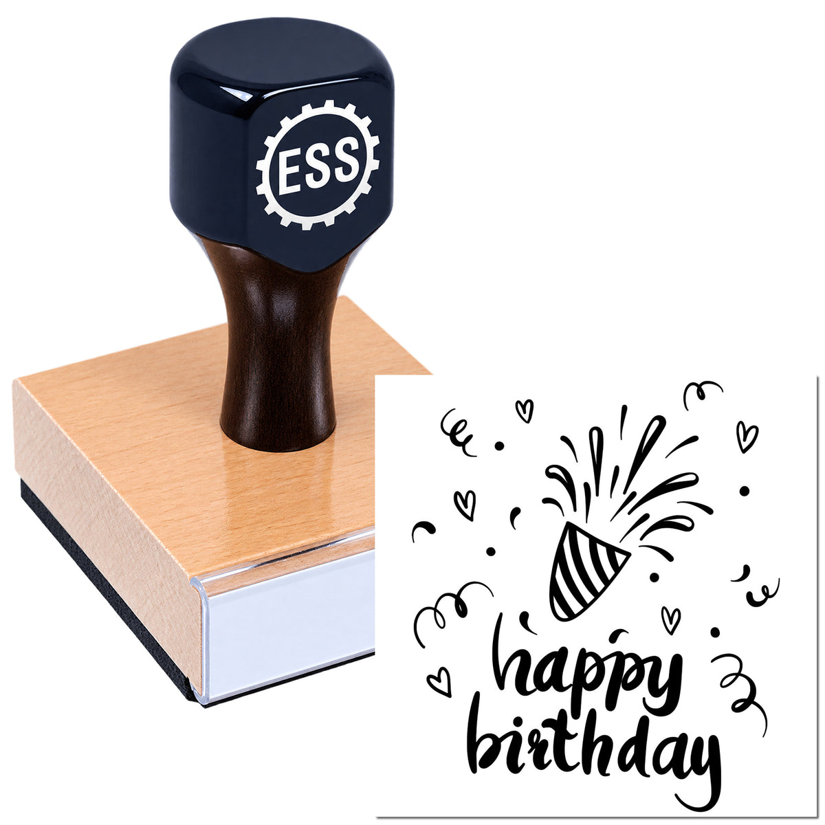 Custom rubber stamp and seal with ESS logo, dark blue handle, and black "happy birthday" party popper imprint on white background.