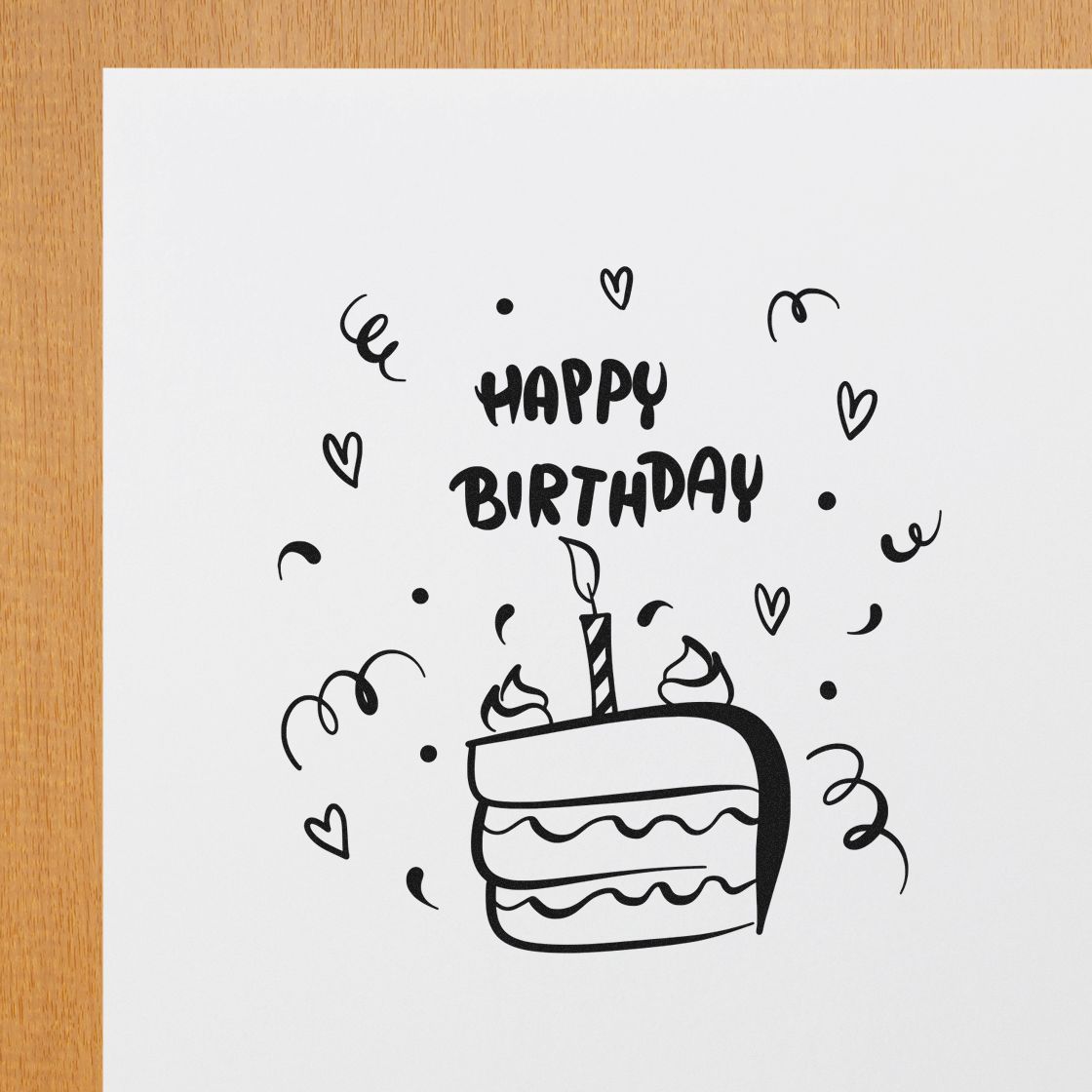 Black Happy Birthday stamp and seal design with cake, hearts and confetti on white paper