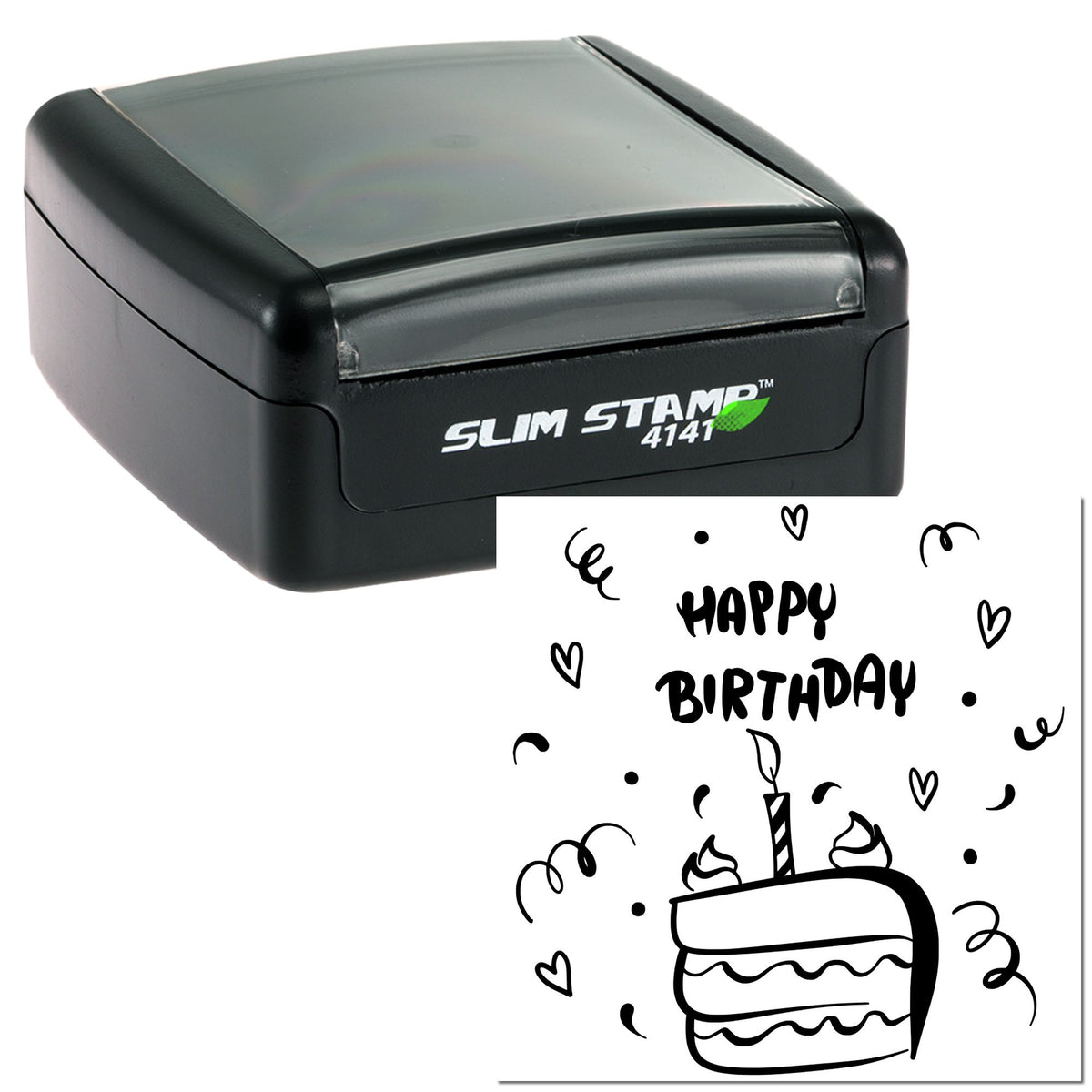 Black slim self-inking stamp and birthday seal with gray lid, showing a Happy Birthday cake, hearts and confetti on white.