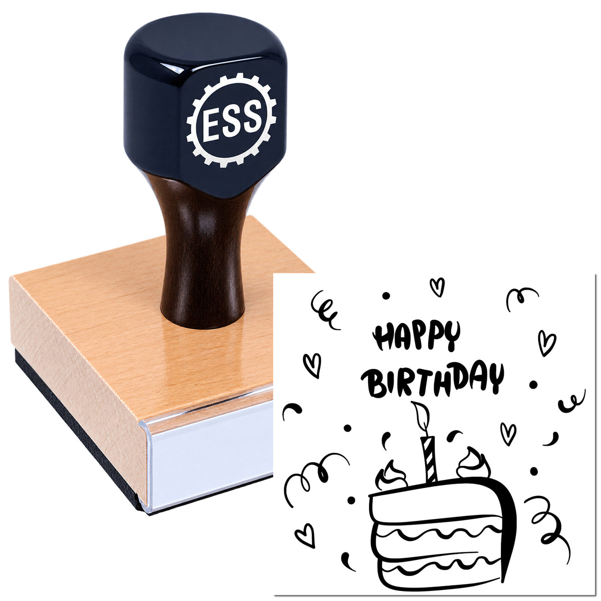 Dark navy custom rubber stamp and seal on wooden base, showing a black Happy Birthday cake, hearts, and confetti imprint.