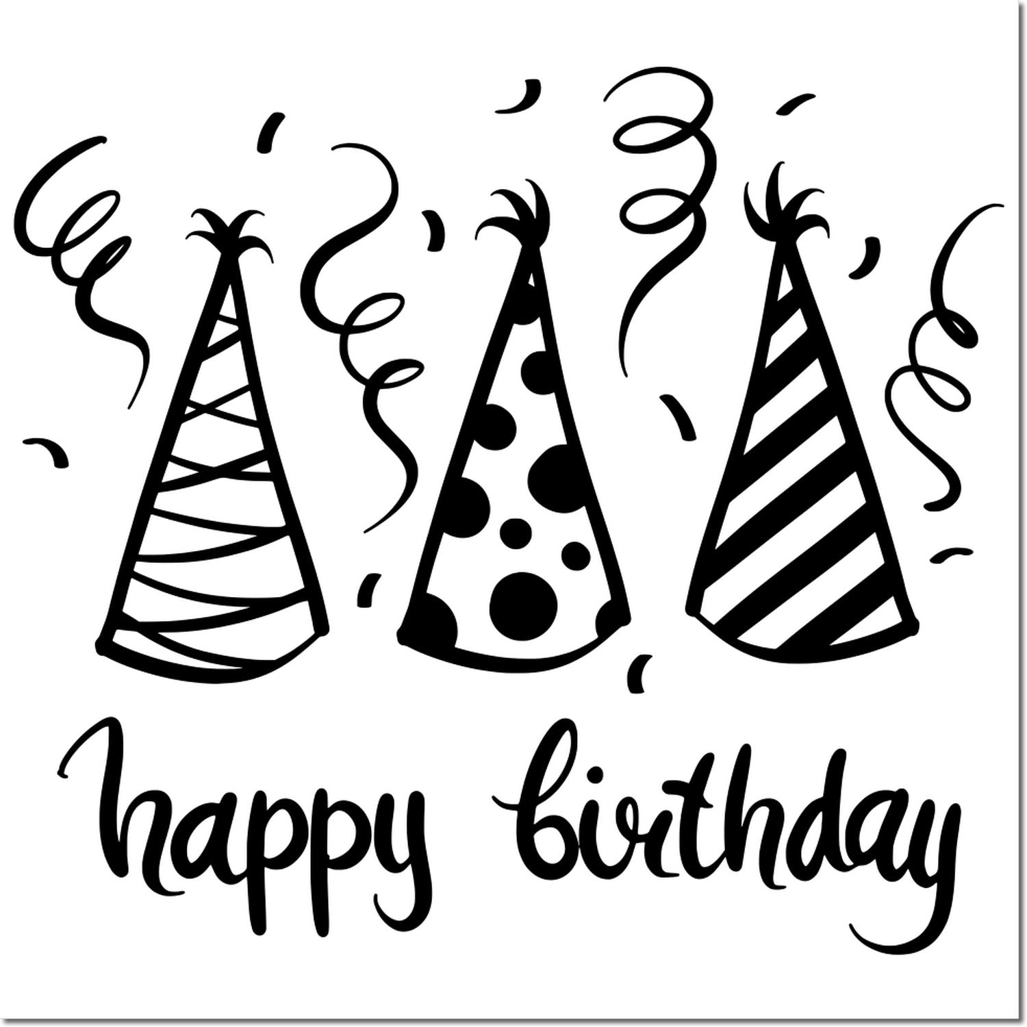 Black happy birthday stamp seal with three party hats, confetti, and cursive text on a white background