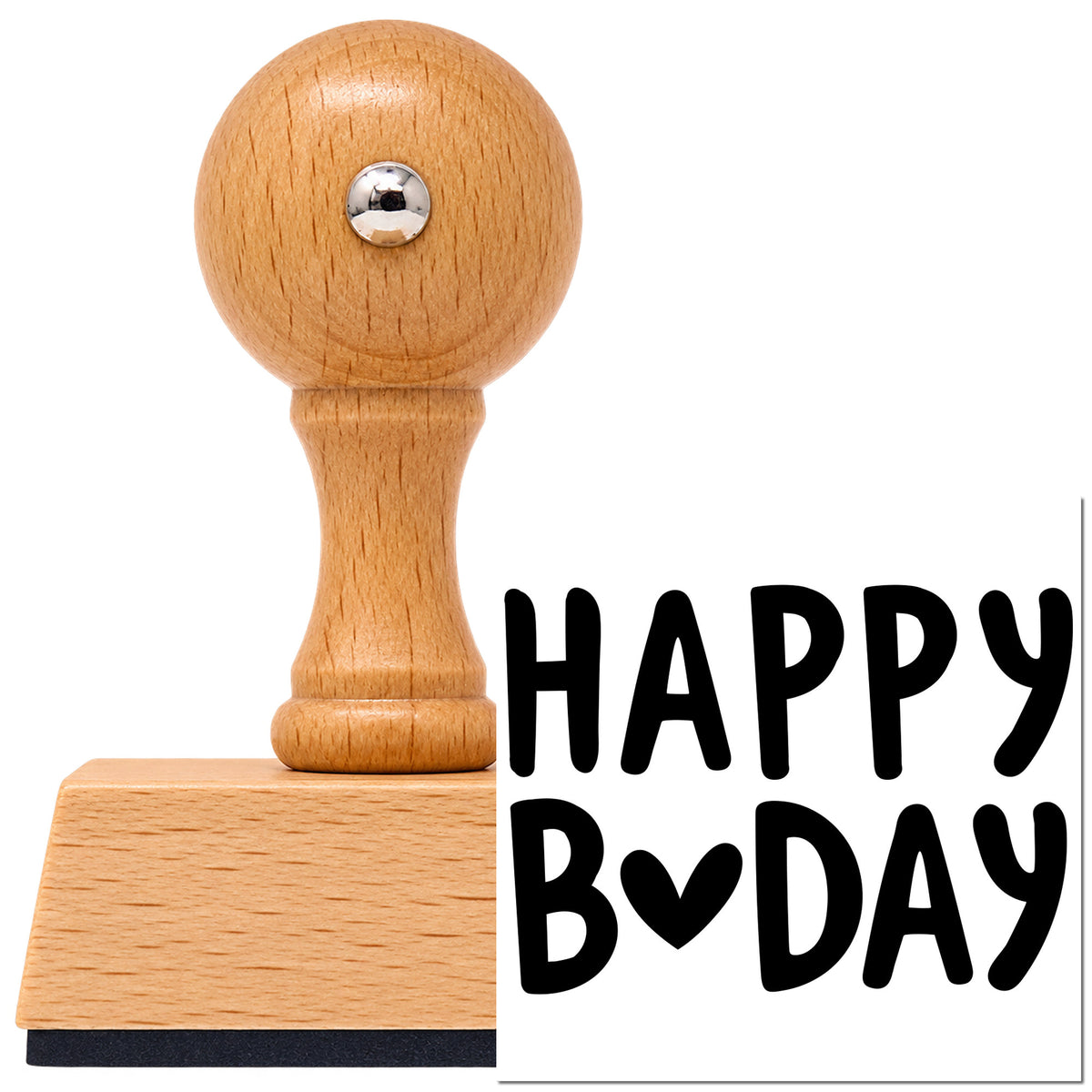 Vintage Pro beech wood stamp with a round knob handle, shown with its black Happy Birthday Heart Letter Block Lettering imprint on white.