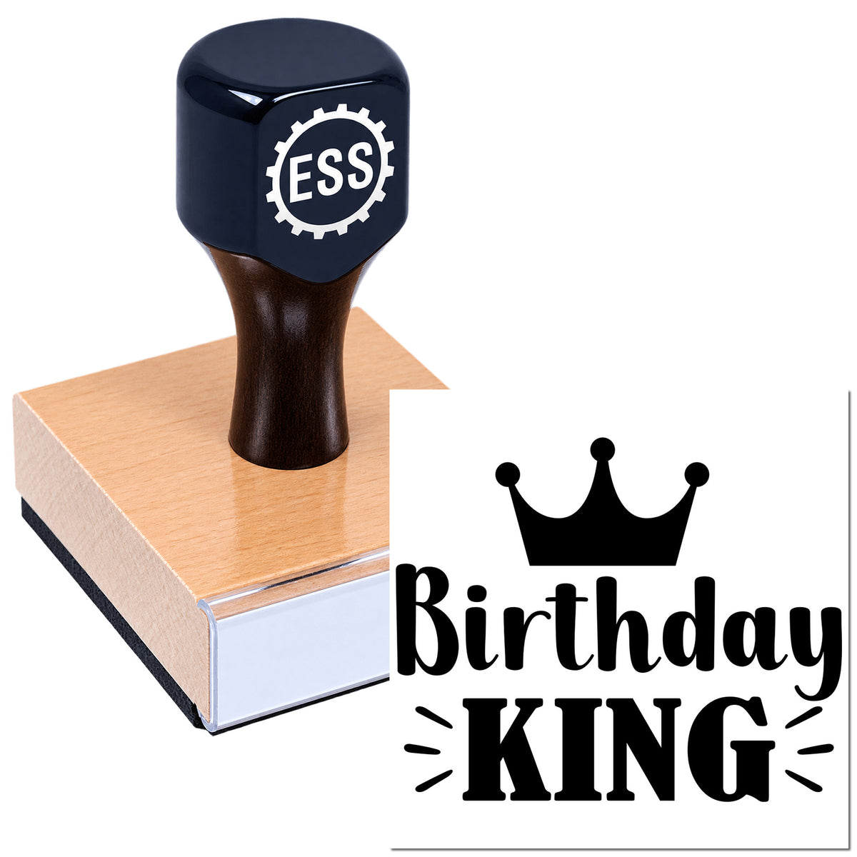 Black custom rubber stamp with ESS logo on a tan wooden block, next to a Birthday KING crown seal design.
