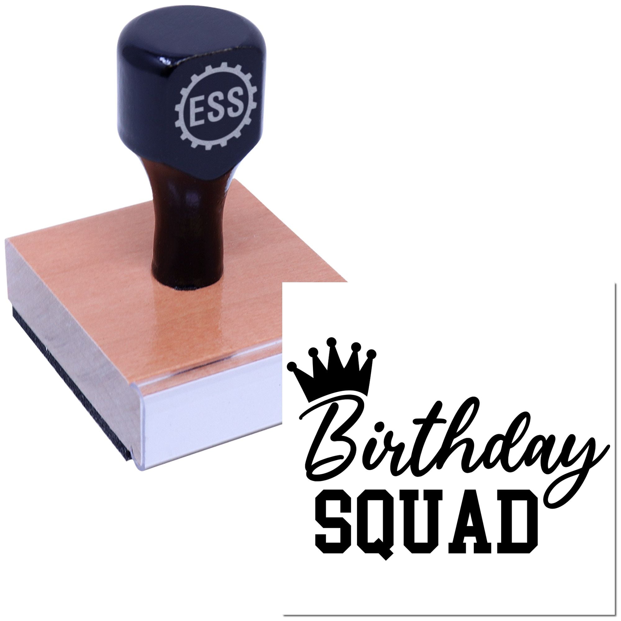 Dark navy ESS custom stamp on copper base with black Birthday Squad seal design.