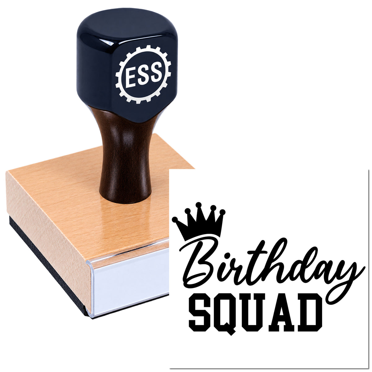 Dark navy ESS custom stamp on copper base with black Birthday Squad seal design.