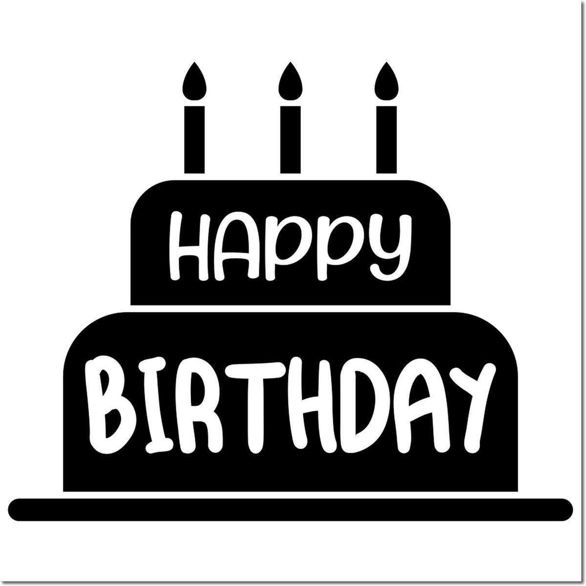 Black Happy Birthday stamp seal with three candles, white lettering, on a white background.