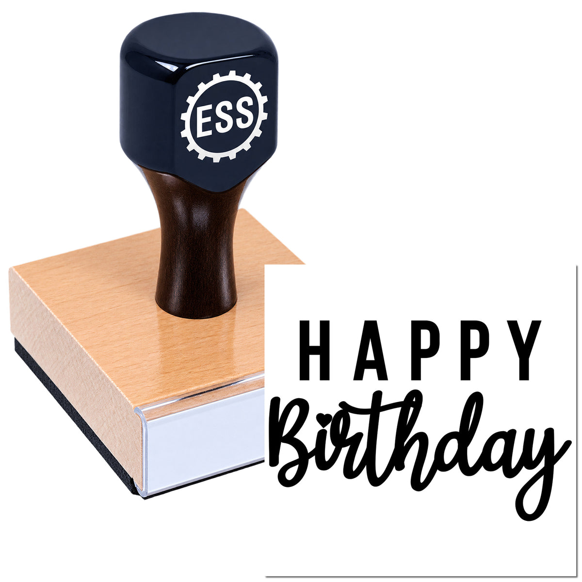 Black custom rubber stamp with ESS gear logo on wooden base, showing Happy Birthday seal in bold script.