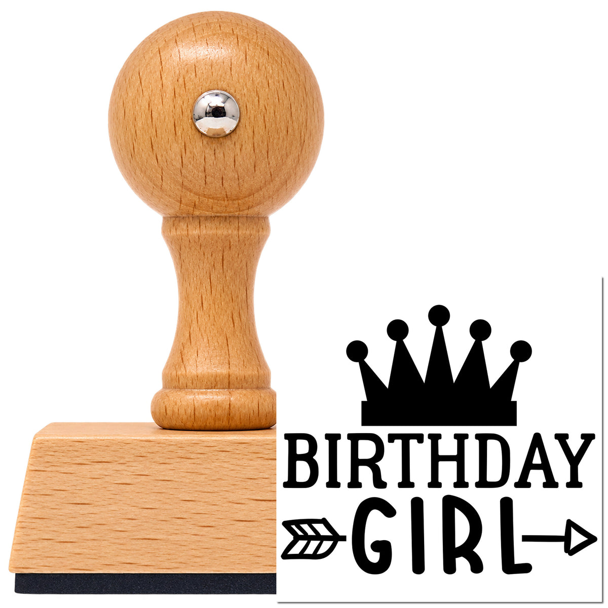 Vintage Pro beech wood stamp with a round knob handle, shown with its black Birthday Girl Crown And Arrow imprint on white.