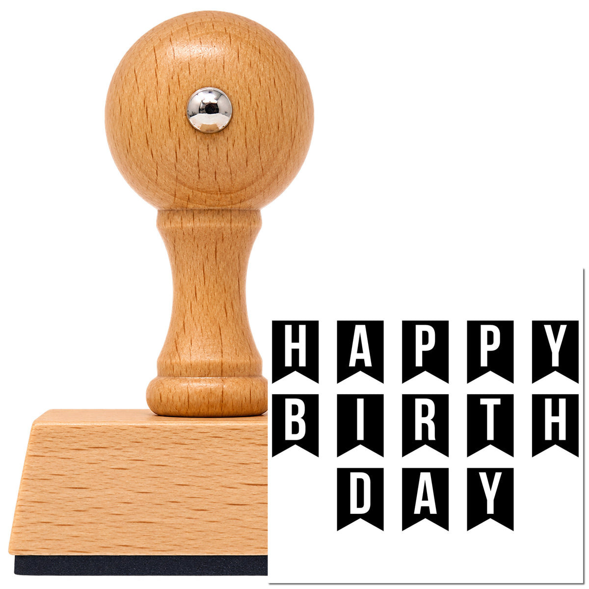 Vintage Pro beech wood stamp with a round knob handle, shown with its black Happy Birthday Pennant Letters Lettering imprint on white.
