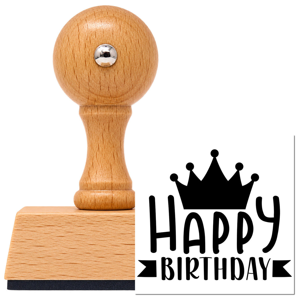 Vintage Pro beech wood stamp with a round knob handle, shown with its black Happy Birthday Crown Banner imprint on white.