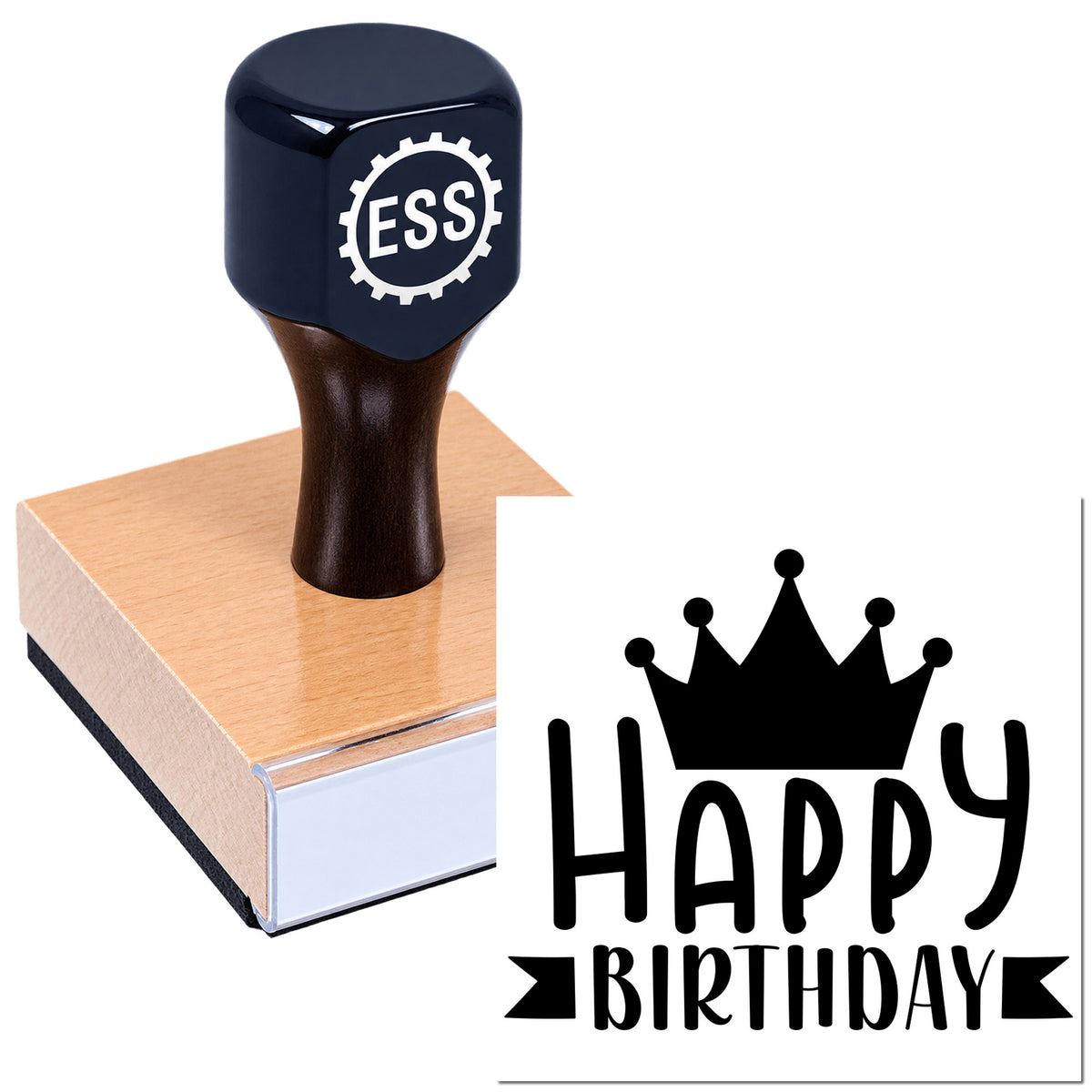Black rubber stamp with ESS logo on a wood block beside a white Happy Birthday crown seal design.