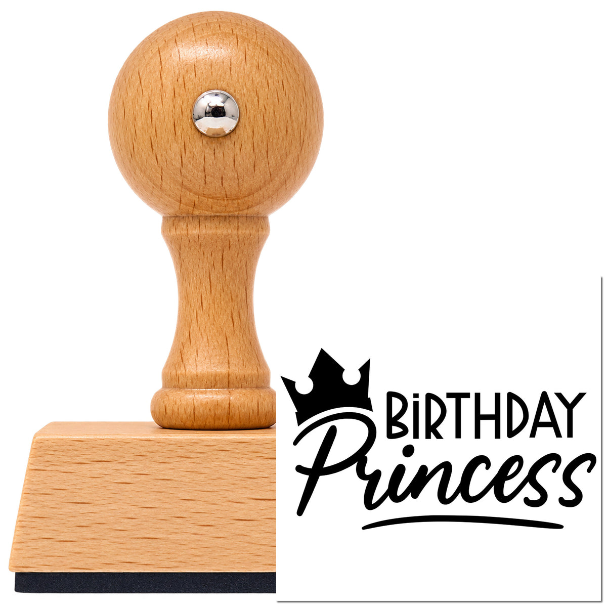 Vintage Pro beech wood stamp with a round knob handle, shown with its black Birthday Princess Crown Script imprint on white.