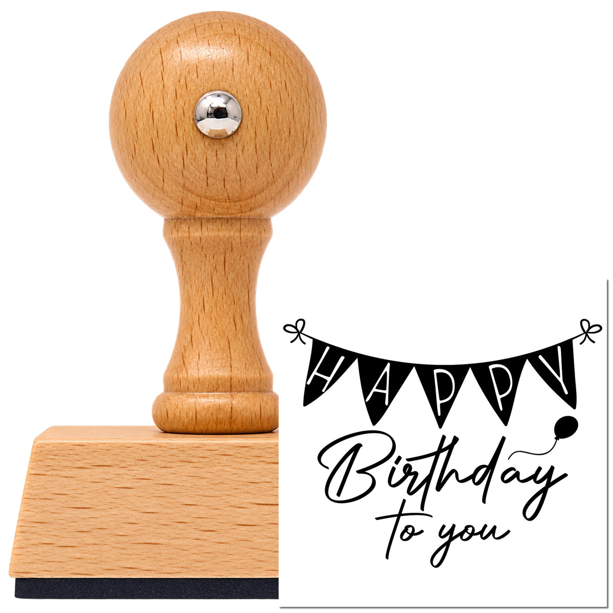 Vintage Pro beech wood stamp with a round knob handle, shown with its black Birthday To You Bunting imprint on white.