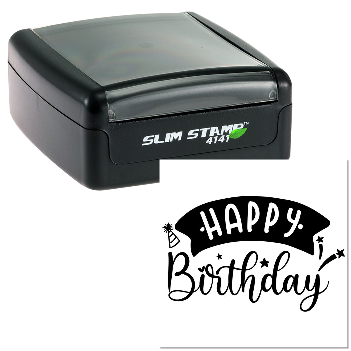 Black self-inking Slim Stamp 4141 with Happy Birthday seal imprint and white lettering on a black body