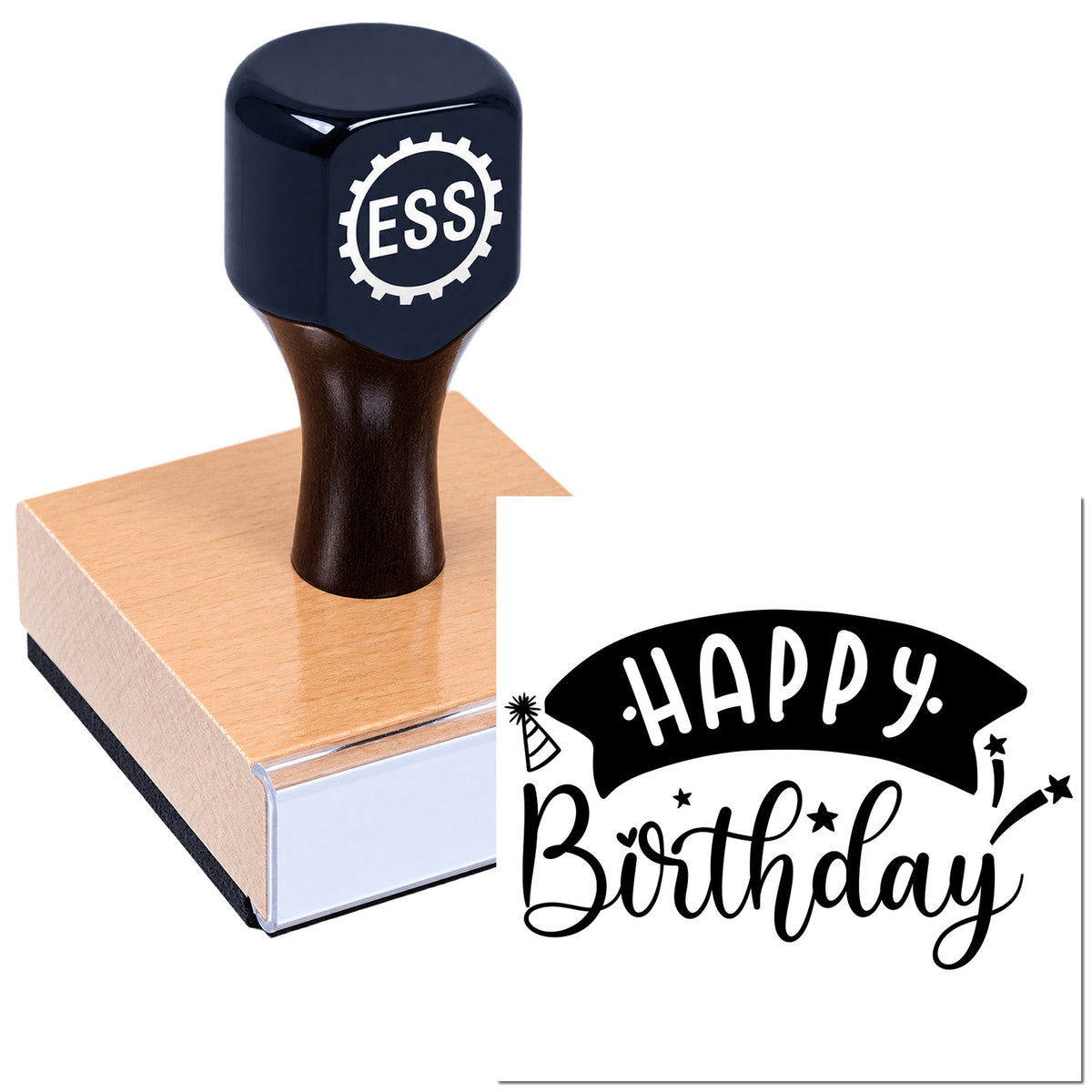 Black ESS gear stamp on brown rubber seal block, with a "Happy Birthday" birthday seal design sample on white background.