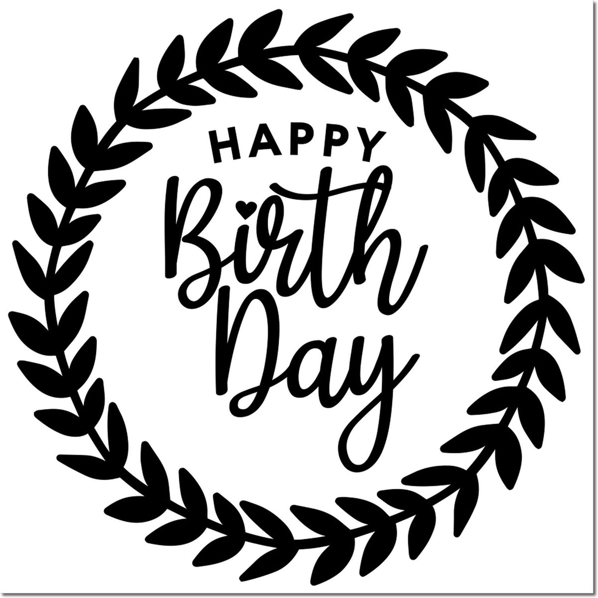 Black Happy Birth Day laurel wreath stamp seal in black on a white background