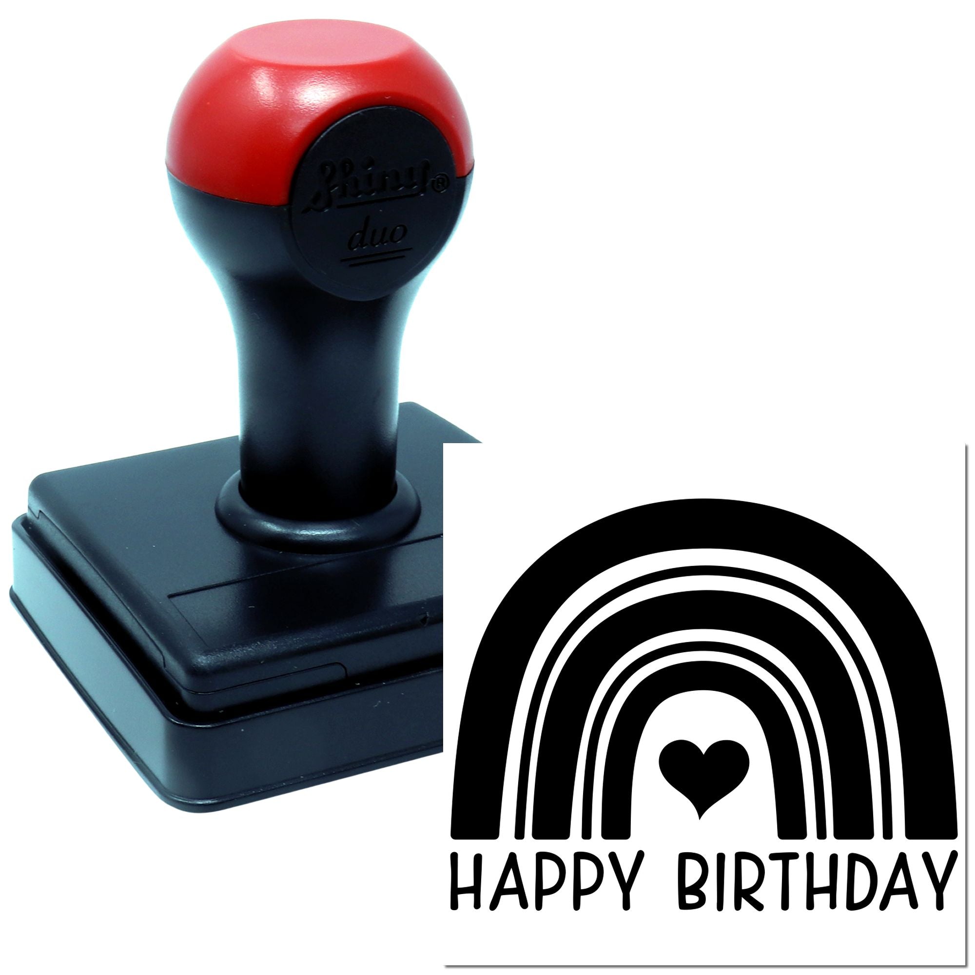 Red and black self-inking rubber stamp and seal with rainbow heart and Happy Birthday imprint