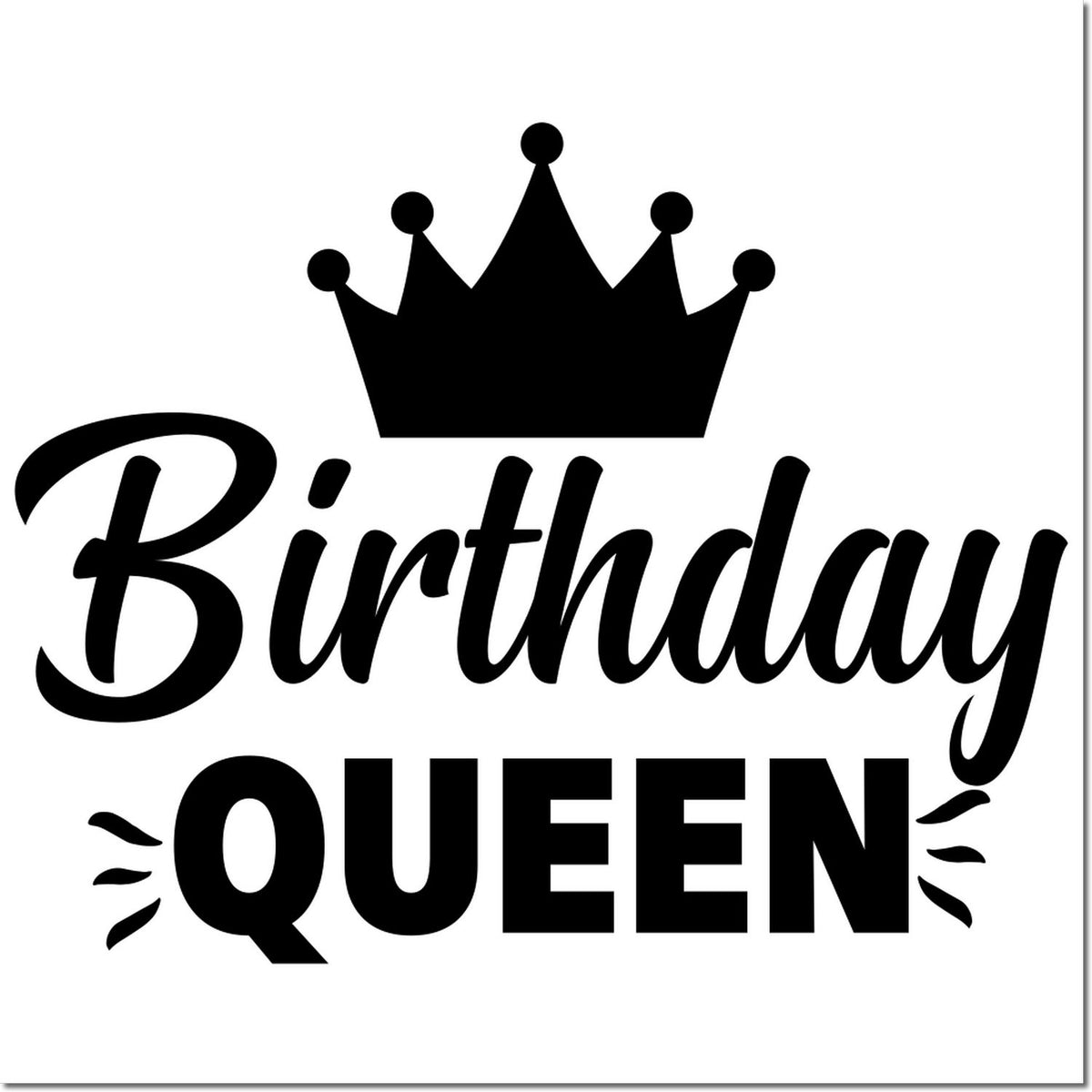 Black Birthday Queen stamp seal with crown icon and bold script on white background