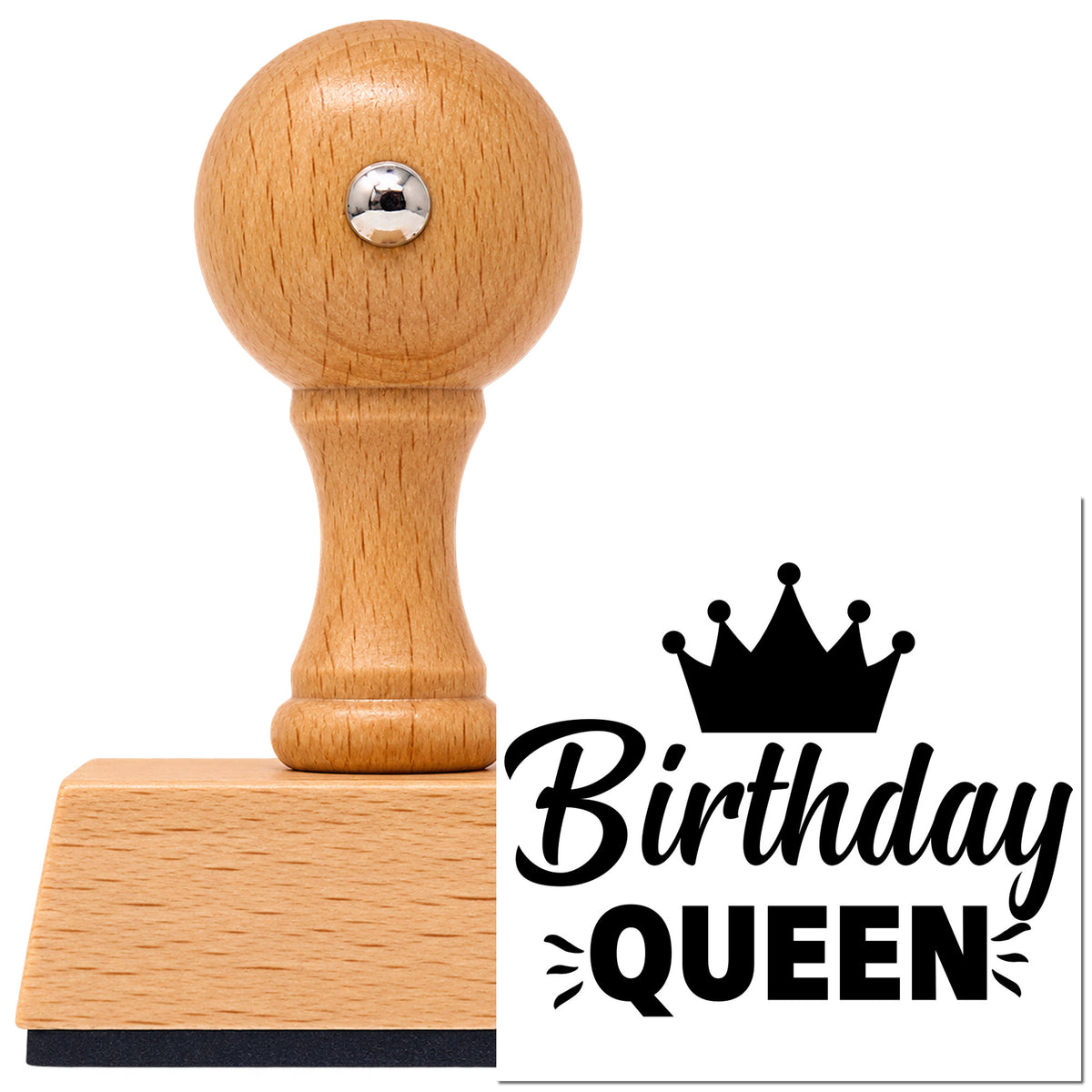 Vintage Pro beech wood stamp with a round knob handle, shown with its black Crowned Birthday Queen Accent Lines imprint on white.