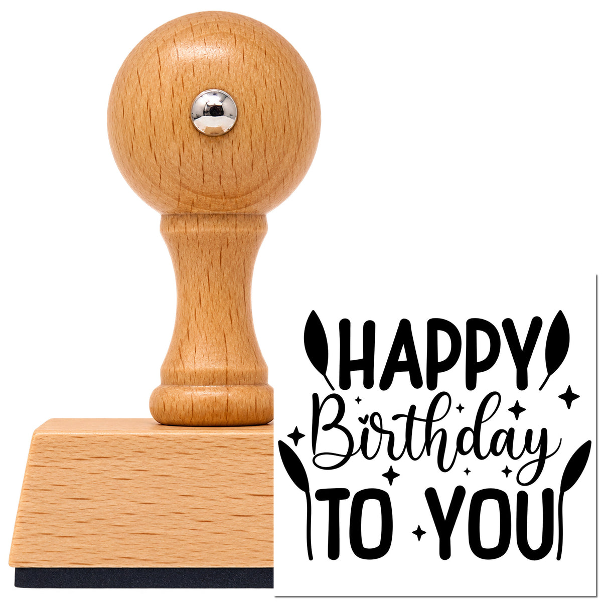 Vintage Pro beech wood stamp with a round knob handle, shown with its black Happy Birthday To You imprint on white.