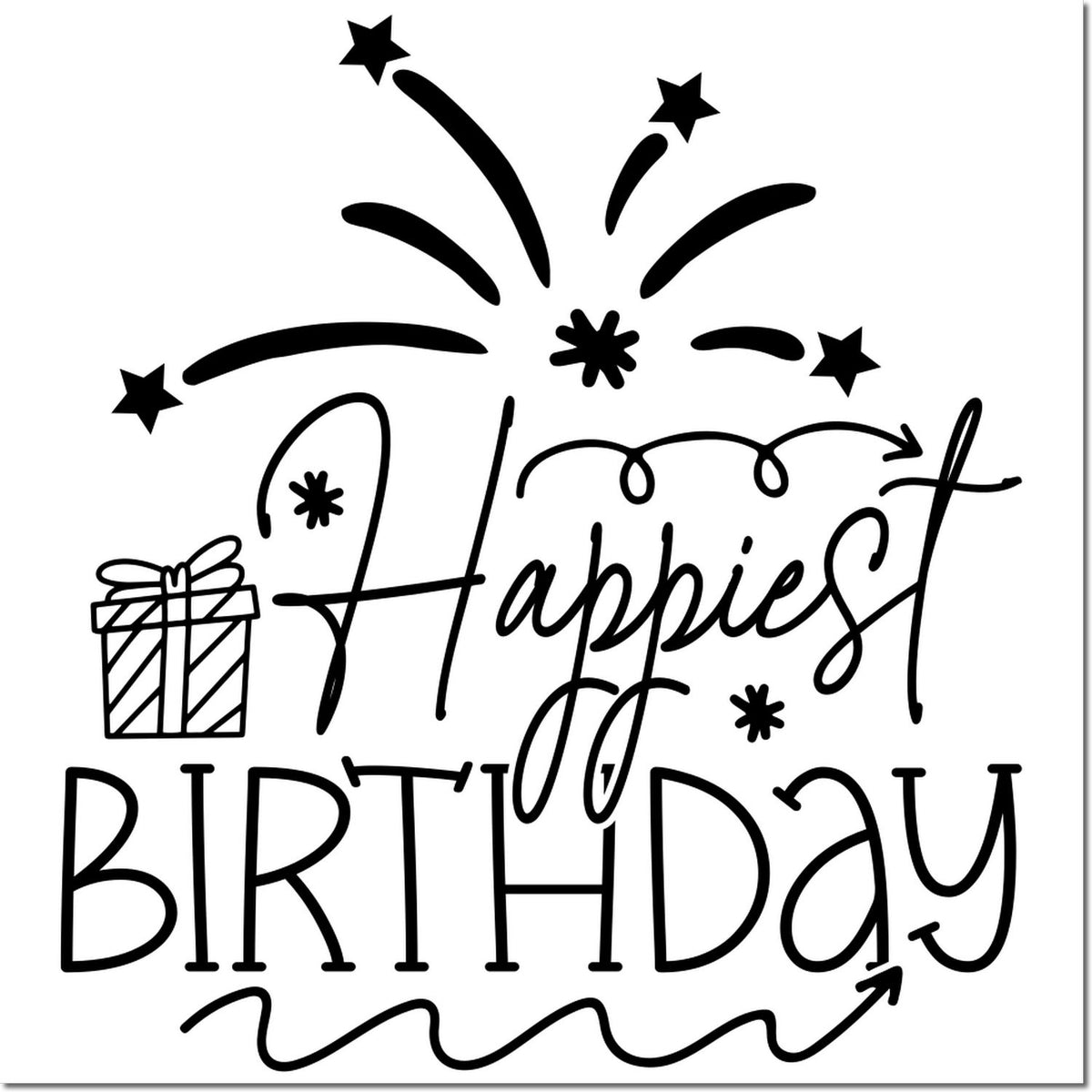 Black birthday stamp design with gift, fireworks, stars and cursive Happiest Birthday text on white background