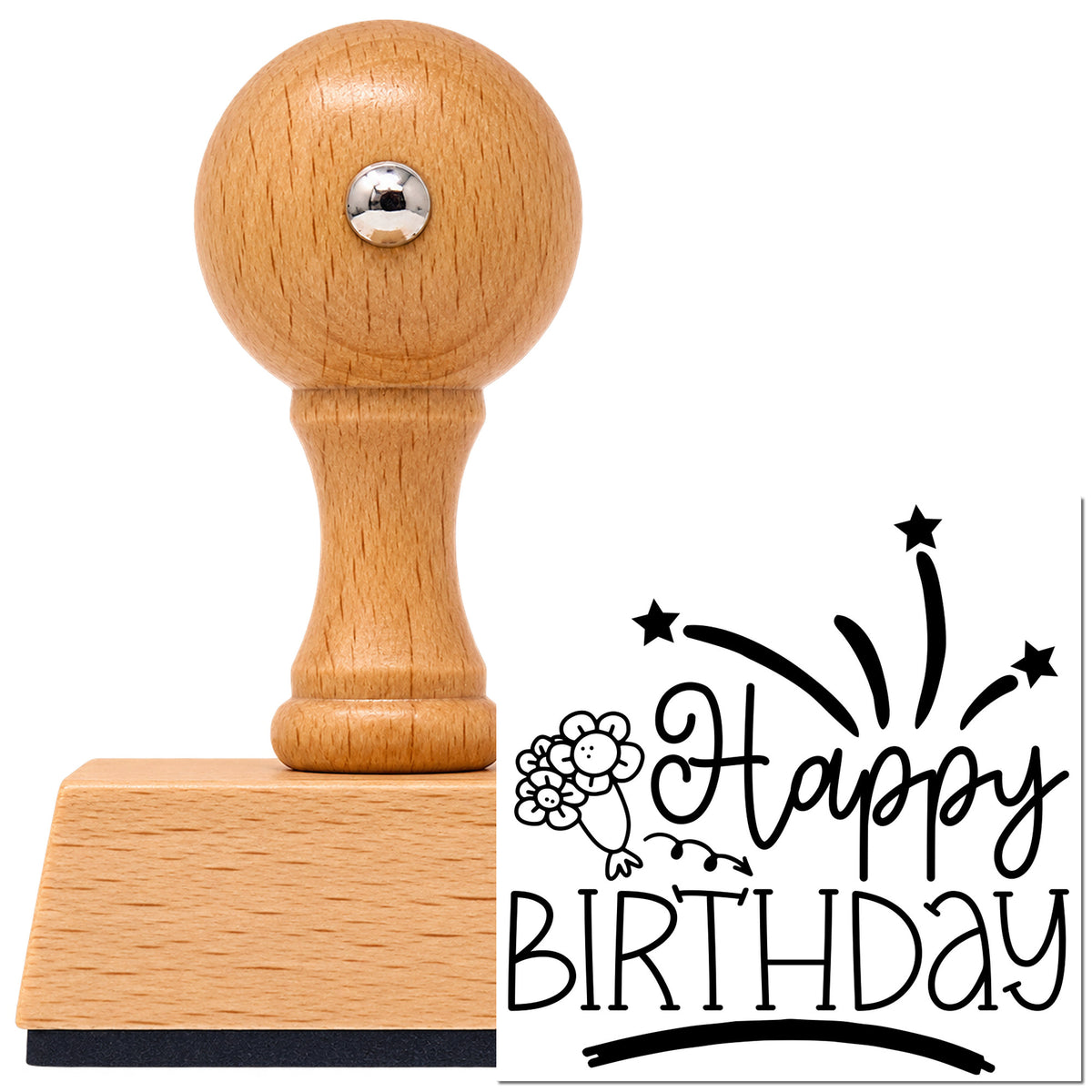 Vintage Pro beech wood stamp with a round knob handle, shown with its black Happy Birthday Flowers Fireworks imprint on white.
