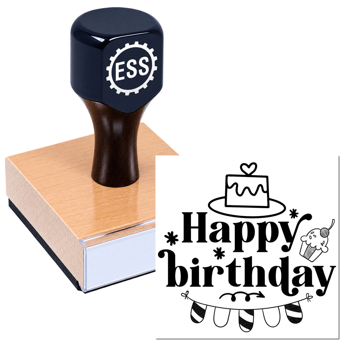 Dark navy ESS seal stamp on a pink base beside a black Happy Birthday stamp design with cake and bunting.