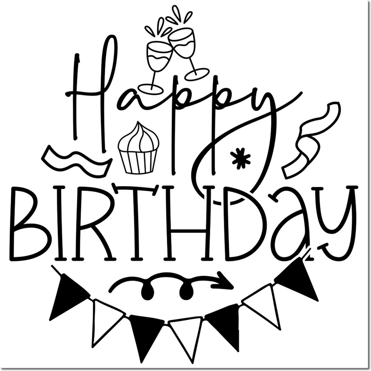 Black Happy Birthday stamp and seal design with champagne glasses, cupcake, bunting, and confetti.