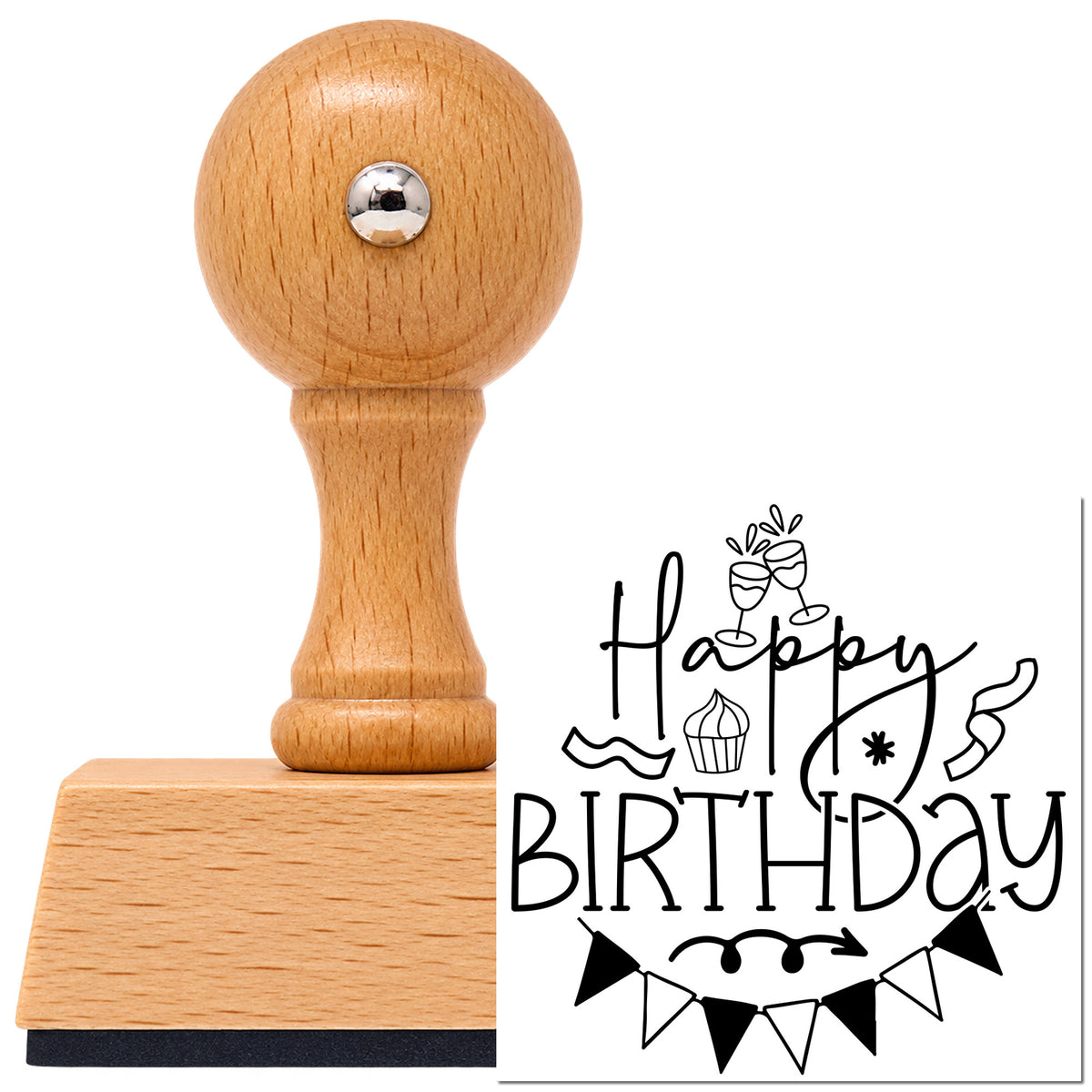 Vintage Pro beech wood stamp with a round knob handle, shown with its black Cupcake And Toasting Glasses Birthday imprint on white.