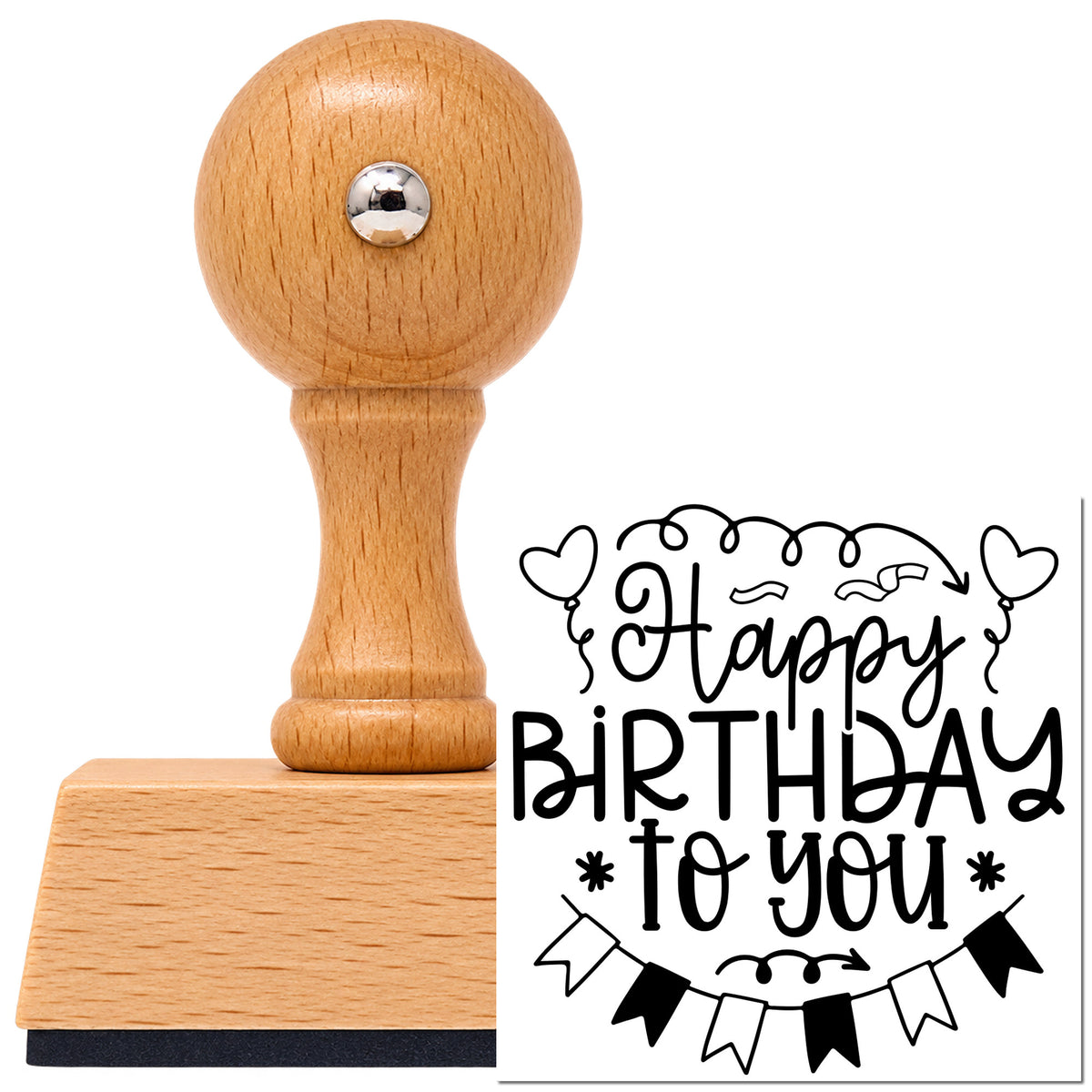 Vintage Pro beech wood stamp with a round knob handle, shown with its black Happy Birthday Heart Balloons Bunting imprint on white.