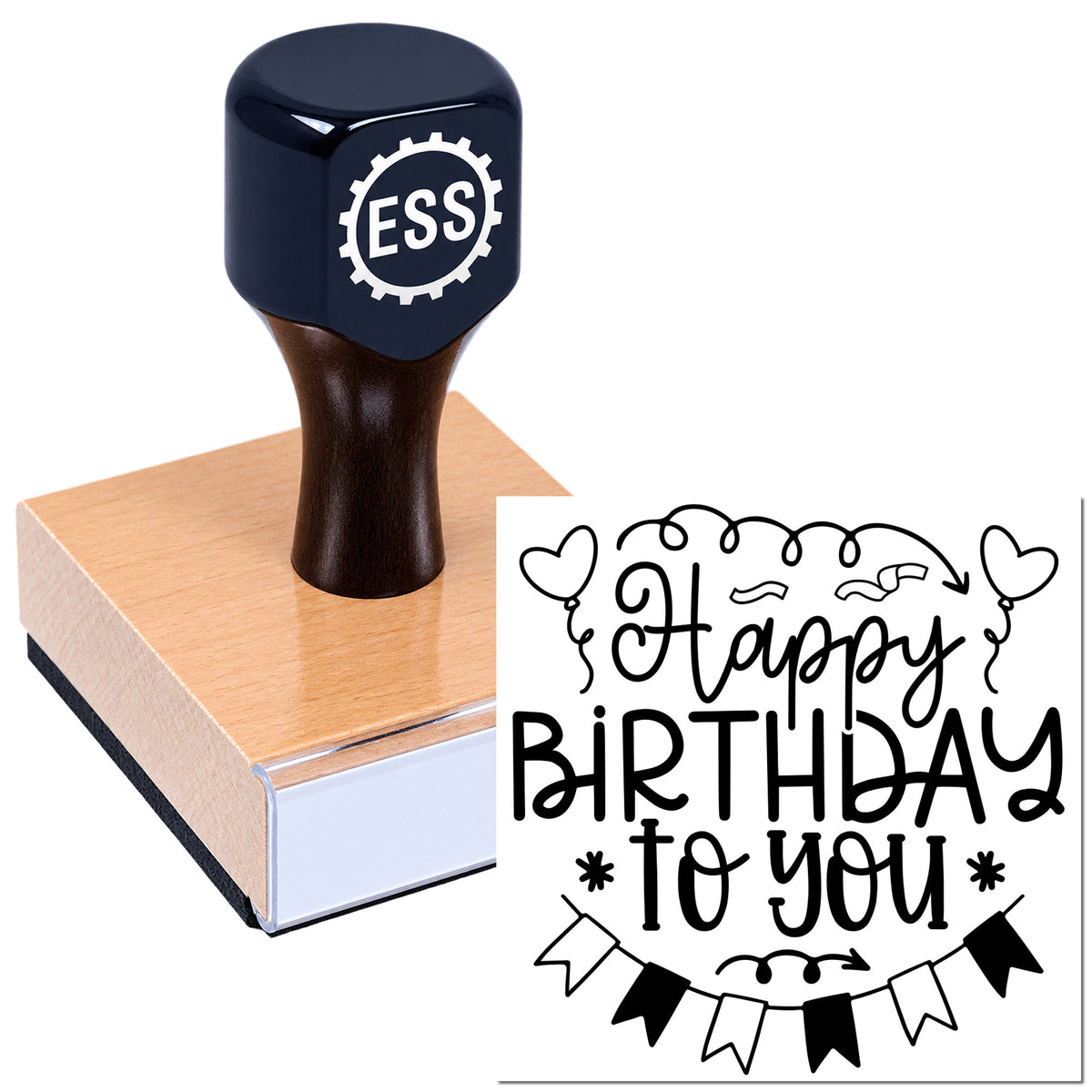 Black ESS custom rubber stamp and seal on a wood block, showing a "Happy Birthday to you" design in black and white.