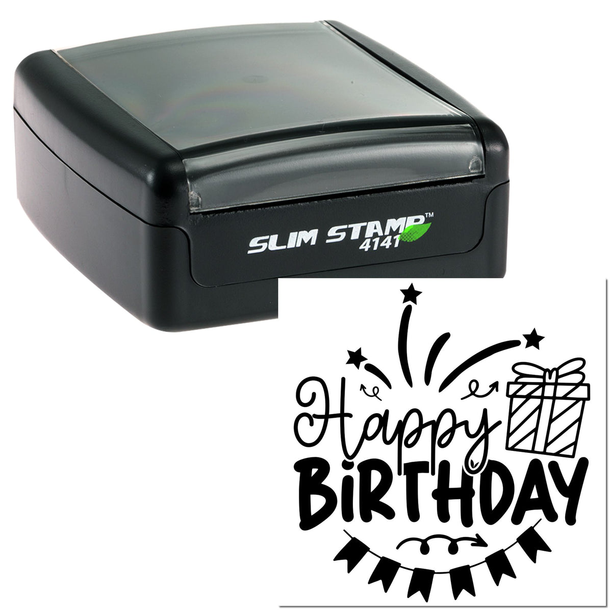 Black Slim Stamp 4141 self-inking stamp with happy birthday seal design, featuring gift, fireworks, and bunting.