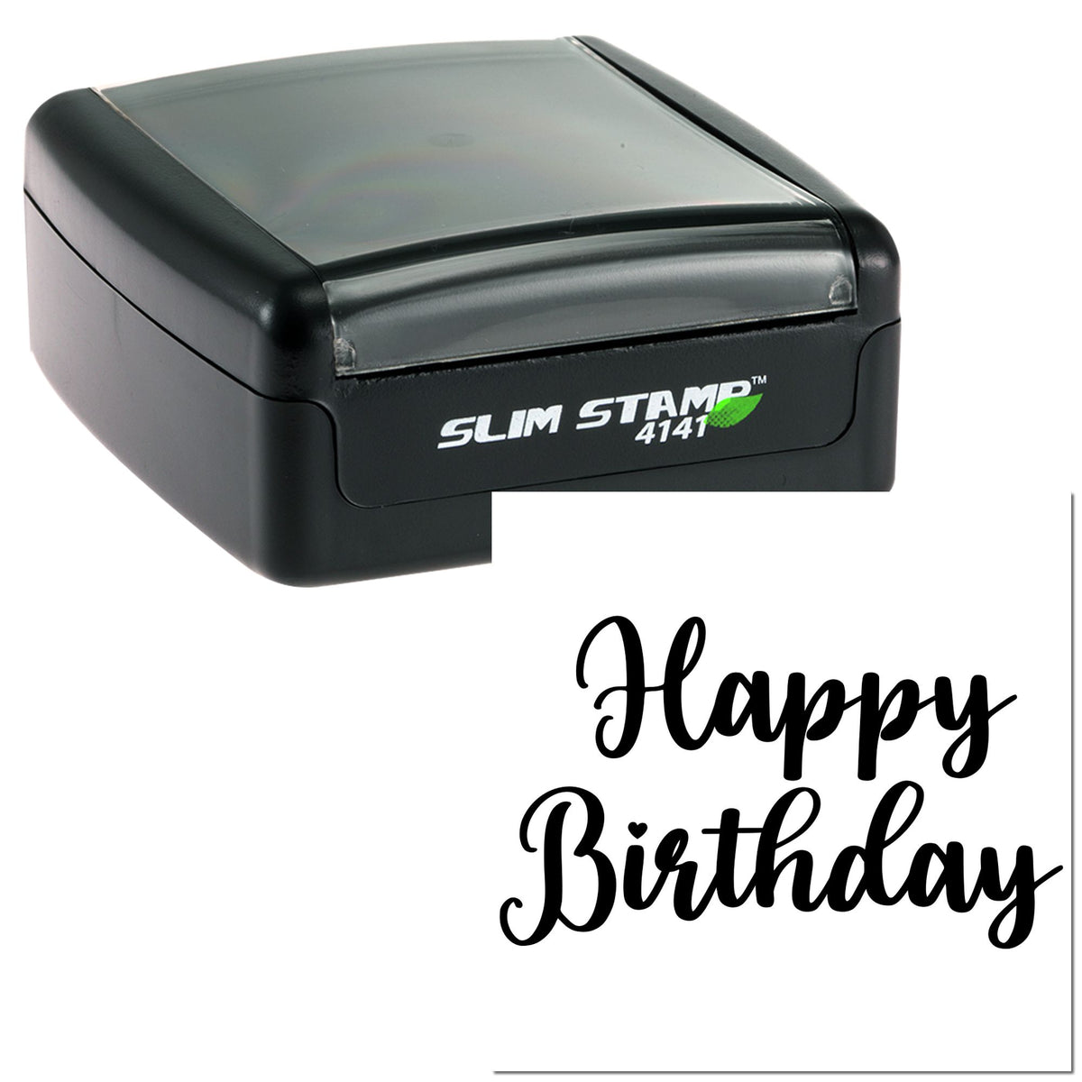 Black slim self-inking stamp with clear cap and white Happy Birthday seal design.