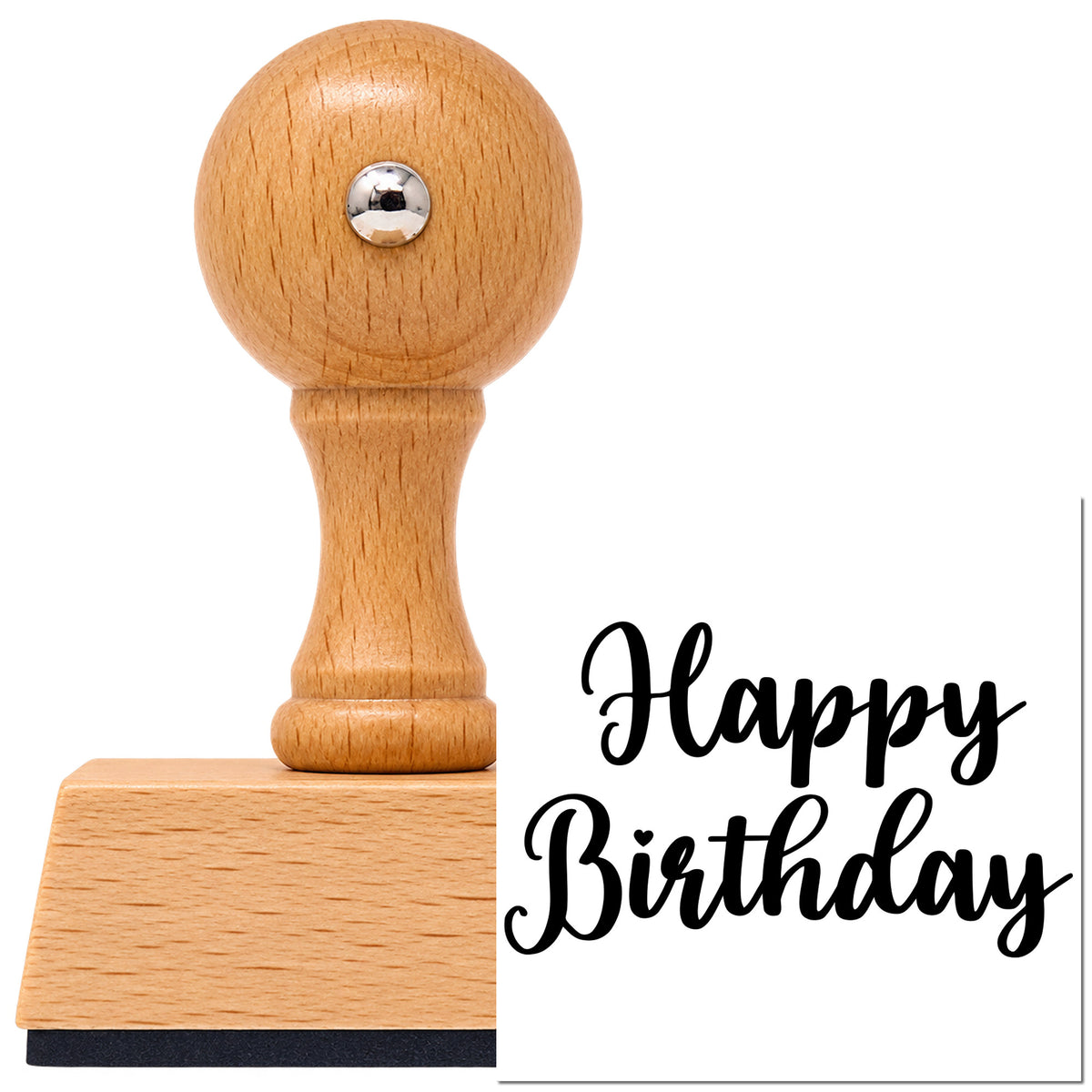 Vintage Pro beech wood stamp with a round knob handle, shown with its black Happy Birthday Bold Script Lettering imprint on white.