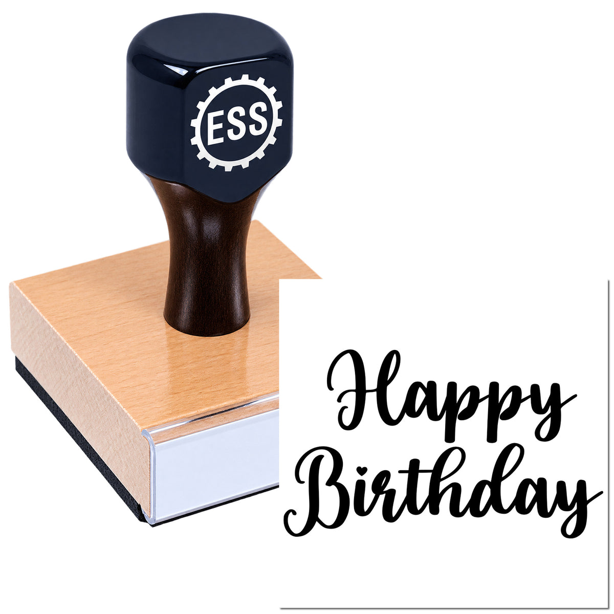Dark blue ESS self-inking stamp on wooden block, stamping "Happy Birthday" in black script on white card.