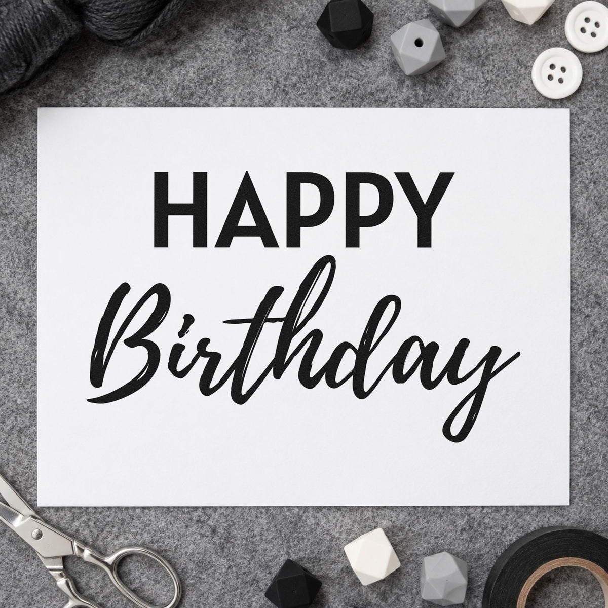 Happy Birthday Bold Contrast craft stamp imprint in black ink on a handmade project, one idea being finished hamper tags.
