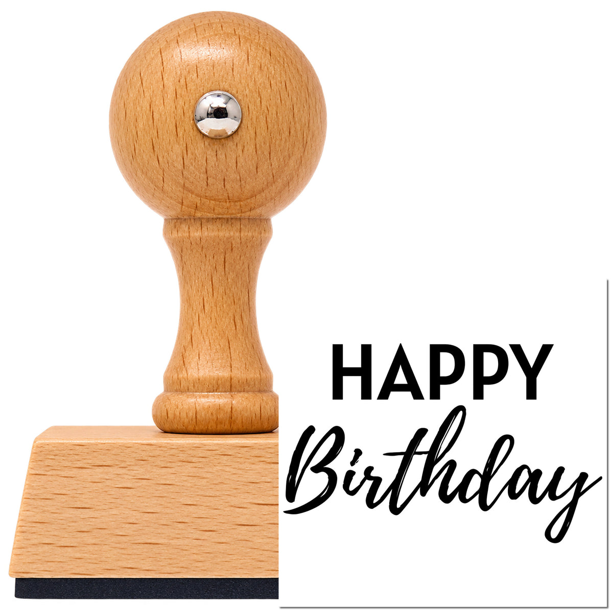 Vintage Pro beech wood stamp with a round knob handle, shown with its black Happy Birthday Bold Contrast imprint on white.