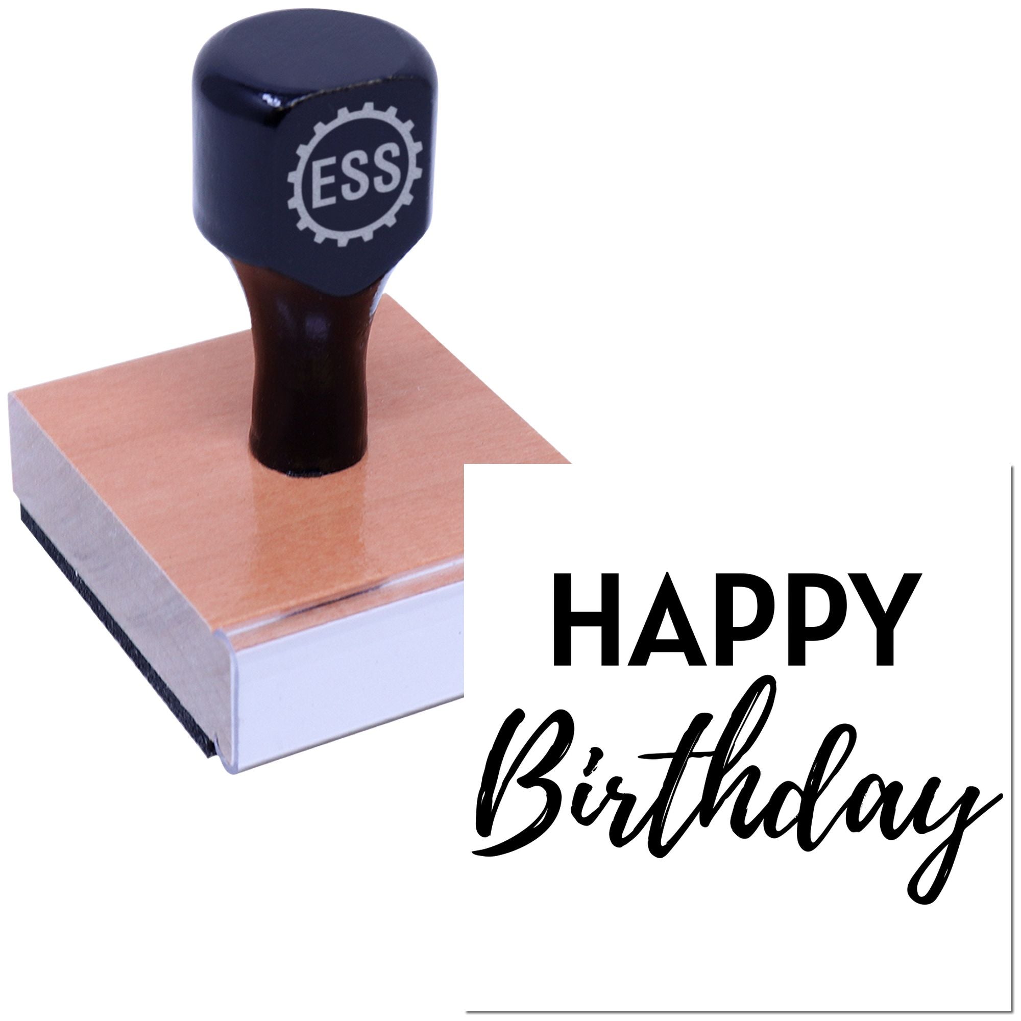 Black ESS rubber stamp with copper seal base, stamping Happy Birthday in bold black on white.