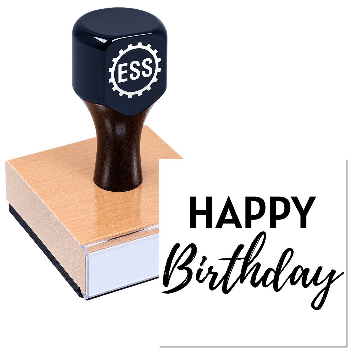 Black ESS rubber stamp with copper seal base, stamping Happy Birthday in bold black on white.