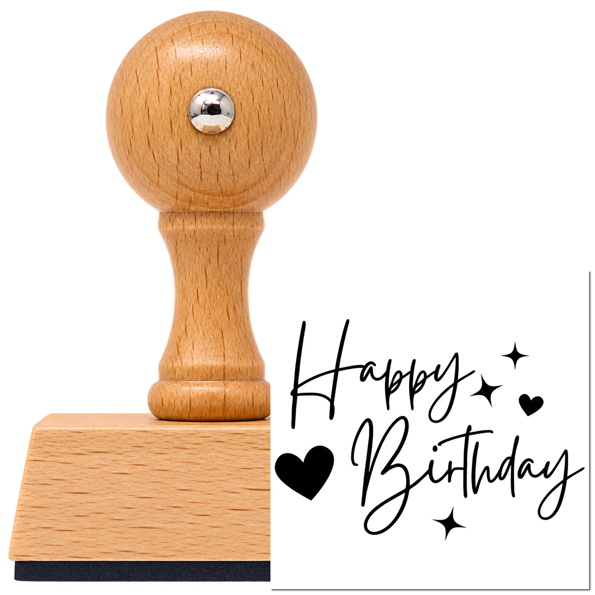 Vintage Pro beech wood stamp with a round knob handle, shown with its black Happy Birthday With Hearts imprint on white.