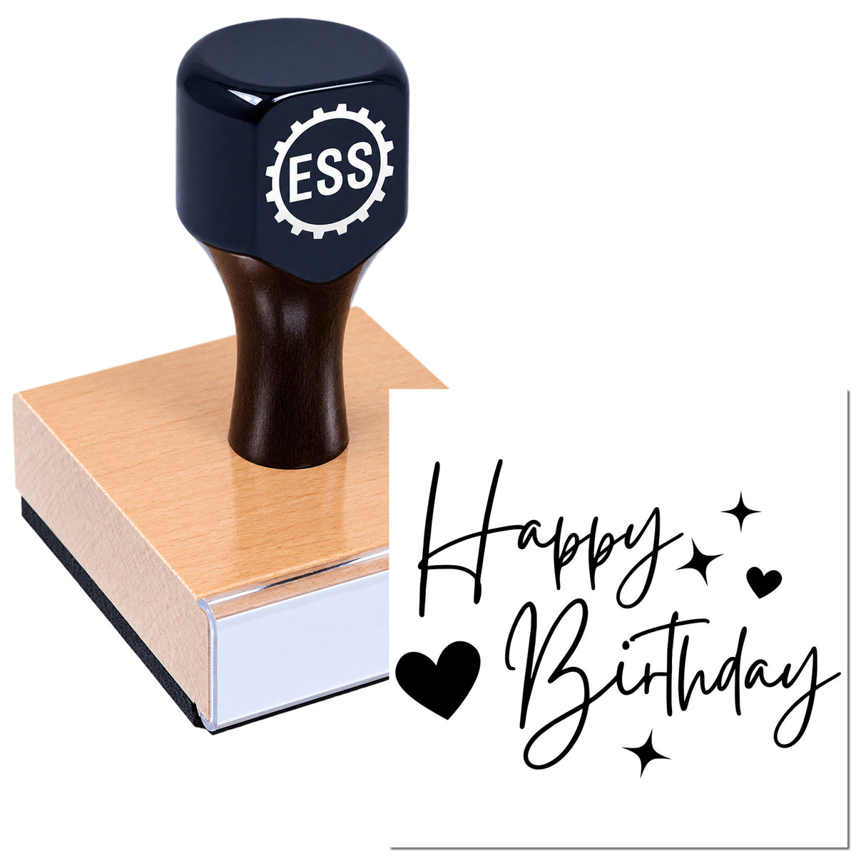 Black ESS stamp and seal on a pink wood block with Happy Birthday script, hearts, and stars in black.