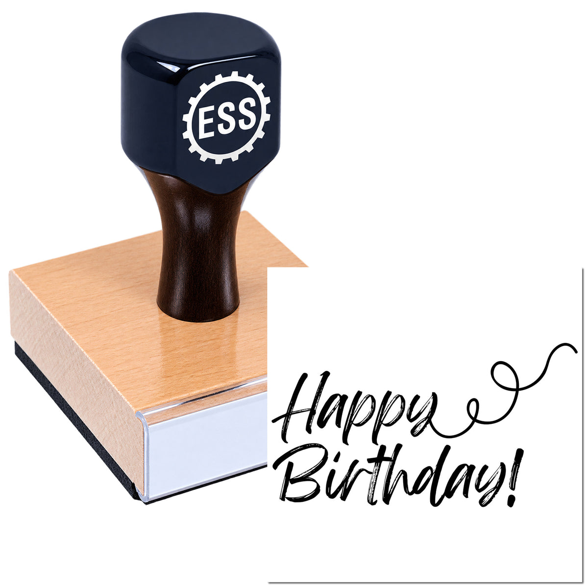 Navy ESS rubber stamp on wooden block, with black Happy Birthday! script seal on white background.