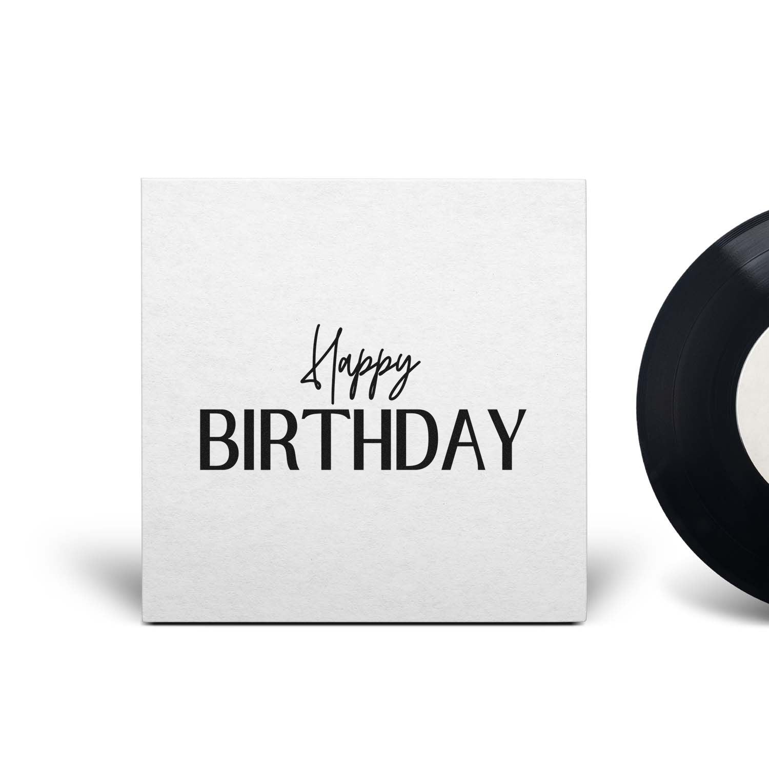 White birthday stamp with black Happy Birthday text and a partially shown black seal on a white background